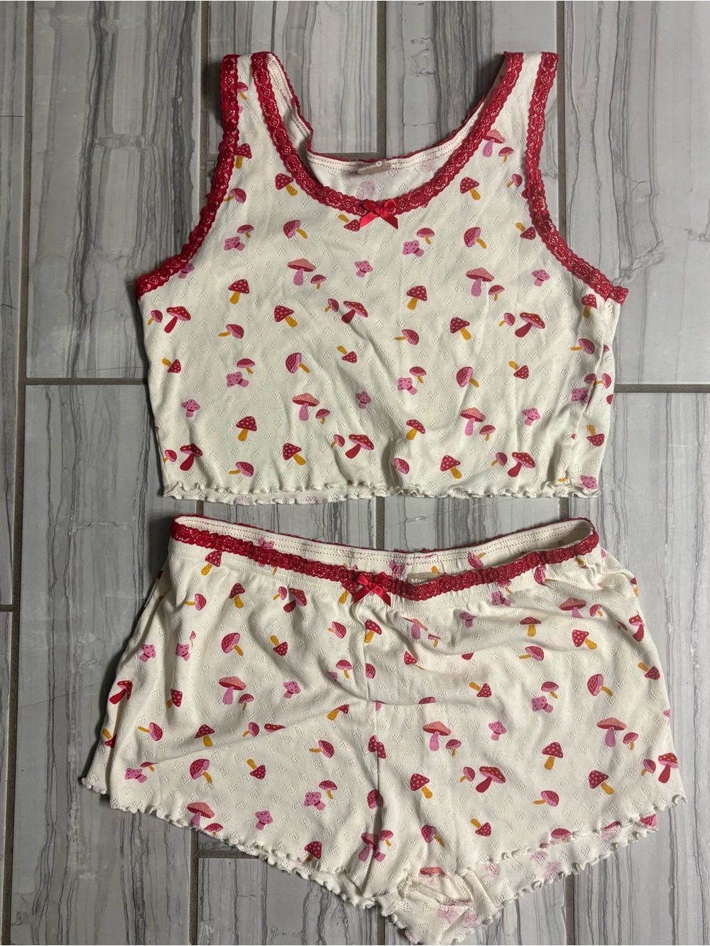 Women’s Cream Mushroom-Print Crop Tank & Shorts Sleep Set with Pink Trim
